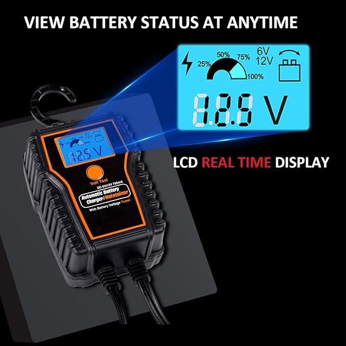 Automotic Battery Trickle Charger Maintainer 12 Volt 750mA Battery Float Charger Maintainer with LCD Float Charging for Motorcycle ATV Lawn Mower Car Boat
