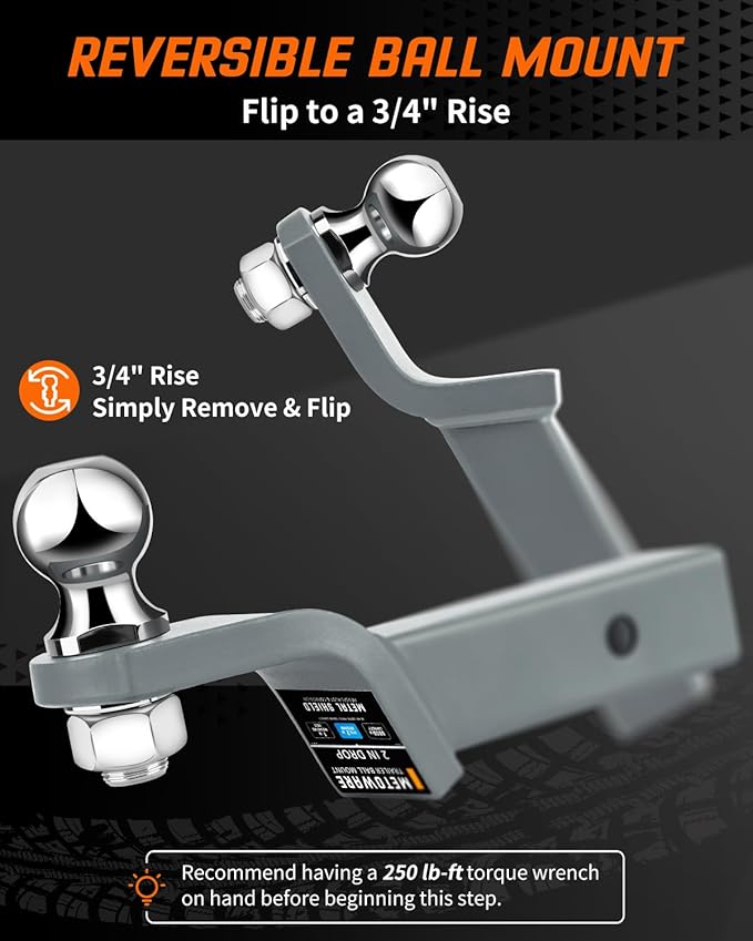 METOWARE Trailer Hitch Ball Mount, 2" Drop Hitch with 2" Ball, 6,000 lbs GTW Fits 2" Receiver for Truck SUV Boat RV, Solid Steel Towing Kit with Hitch Pin & Clip, Titanium Grey