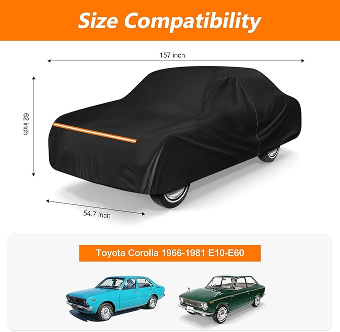 Car Cover for Toyota Corolla 1966-1981 E10-E60 / Pontiac T1000 1981-1987, Waterproof 420D Oxford Cloth Outdoor Full Car Cover with Zipper, Windproof Heavy Duty All Weather Protection