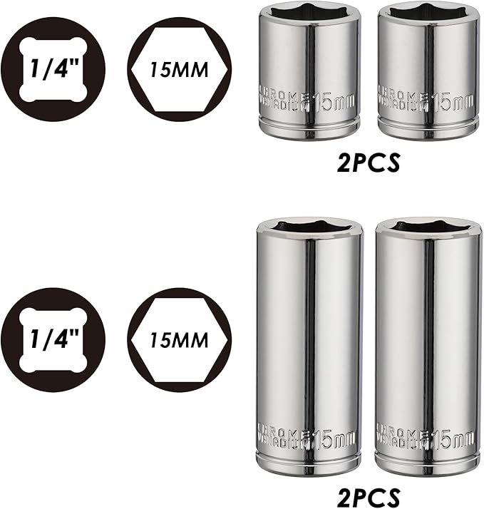 MIXPOWER 4PCS 1/4"Drive 15mm Deep&Shallow Socket, 6 Point, Cr-V Steel, 15mm