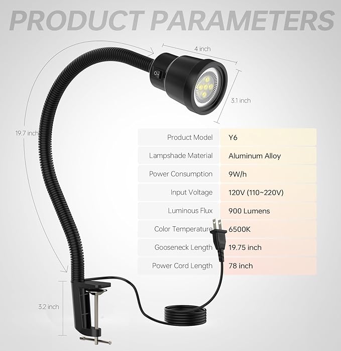 Clip Work Light, 9W Machine Clamp Lights, 900 Lumens Flexible Work Lamp for Lathe Milling Machine Drill Press, Aluminum Alloy Light Head (Clip Base)