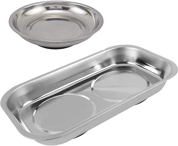 Edward Tools 9.5” Rectangle Magnetic Tray and 6” Round Magnetic Tray - For Screws, Nut, Bolts, Small Tools - Great for Mechanics, DIY - Heavy Duty Stainless Steel - Extra Strength Magnet