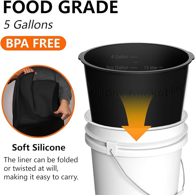 2PCS 5 Gallon Bucket Liner Reusable Rubber Bucket Liners for Concrete Mix and Thinset with Graduated Measurements (2PCS-Black)