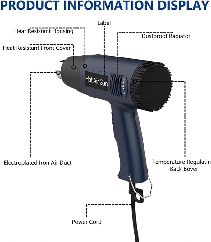 Heat Air Gun 1500W 140℉-1112℉（60℃- 600℃），Variable Temperature Control Overheat Protection with 4 Nozzles for Crafts, Shrinking PVC, Stripping Paint
