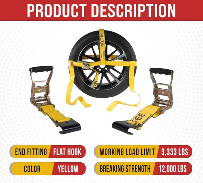 Mytee Products 2 Pack 2" x 120" Yellow Side Mount Wheel Tie Down Strap with Flat Hook & Dual Ratchet – 3,333 lbs WLL Wheel Net Fits 14–17" Tires, Heavy Duty Vehicle Tie Down Strap for Car Hauling