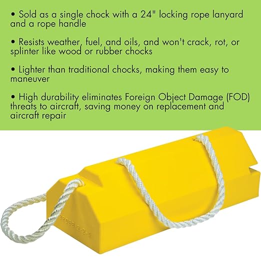 Checkers 20" Airplane Chocks, Aviation Wheel Chocks for Large and Oversized Aircraft, One Tire Chock for Polished Hangar Floors with Locking Rope and Handle, Durable Urethane, Yellow, AC6820-LR-RP-H