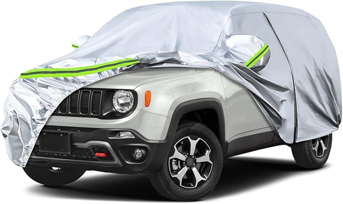 Waterproof Car Covers Replace for 2015-2025 Jeep Renegade, 6 Layers Silver All Weather Car Cover with Zipper Door & Windproof Bands for Snow Rain Dust Hail Protection