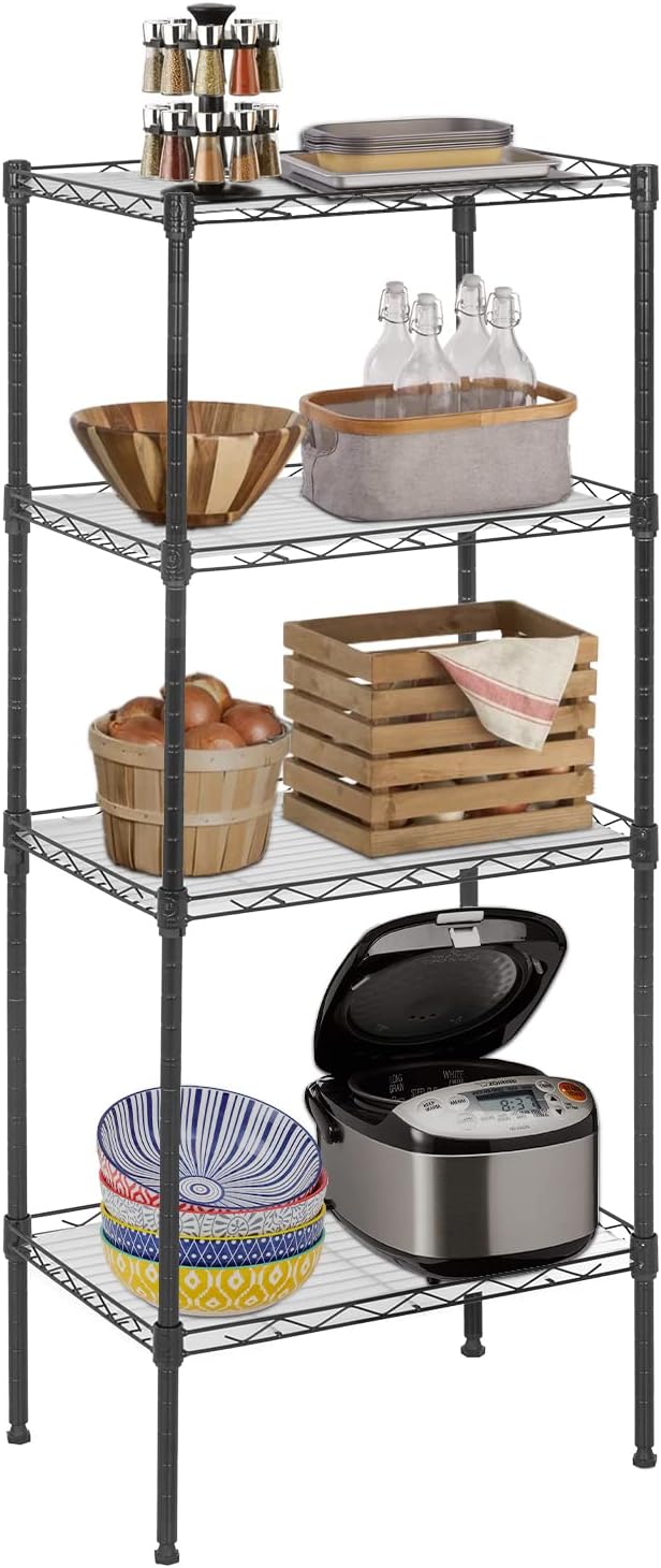 FDW 18L x 12W x 44H Wire Shelves Metal Shelf with 4 PP Sheets Storage Shelves 4 Tier Layer Storage Shelves for Laundry Bathroom Kitchen Garage,Black