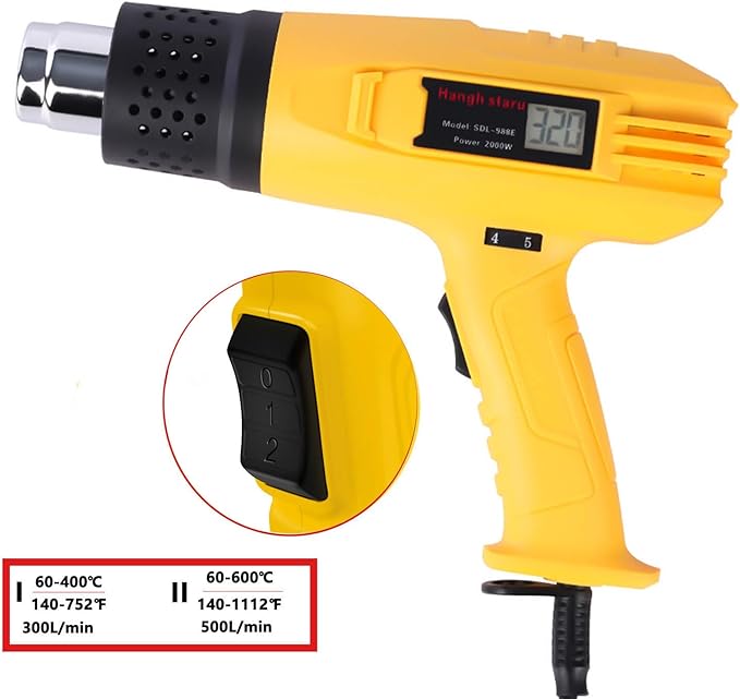 Heat Gun Digital Display 2000W, 140℉-1112℉ Variable Temperature Hot Air Gun, 2 Speed Settings, Overheat Protection, 4 Nozzles for Shrink Wrap, DIY Crafts, Home Repair