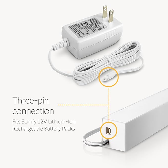 Somfy Charger for V2 Wirefree Motors – Powers External Battery Pack – Compatible with Sonesse 30/40 & Altus 28 – 3-Pin Connector – LED Indicator – 6-Foot Cable – #9025166