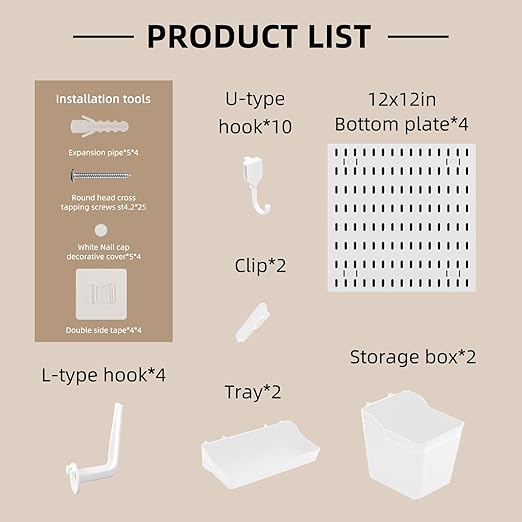 Pegboard Combination Wall Organizer Kit，4 Pegboards & 20 Accessories, Mount Display Pegboard Panel for Home Office, Gaming Room, Wall Storage,Crafts Organization,12''x12'' Each (White)