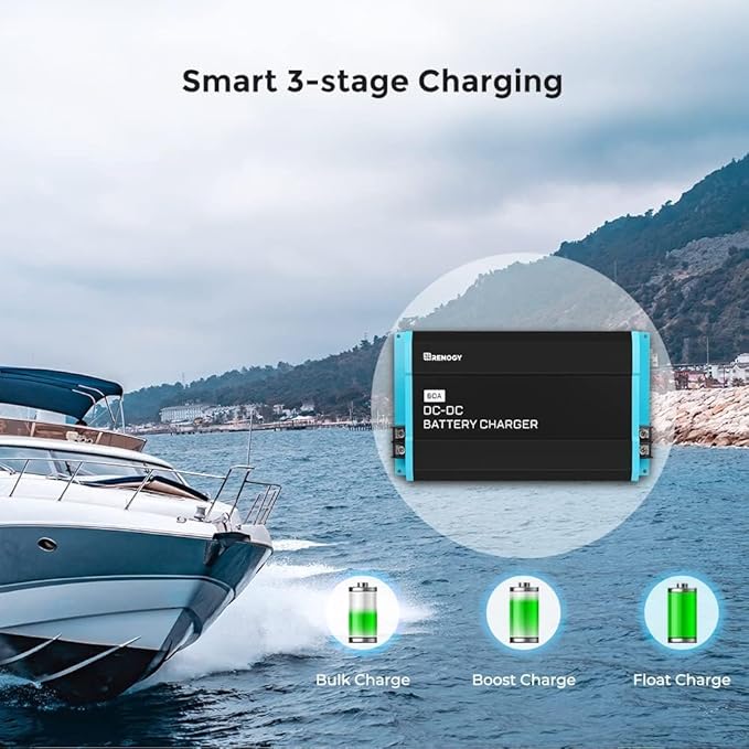 12V 60A DC-DC Battery Charger with LiFePO4 Activation, Waterproof Smart Battery Charger Compatibility with Flooded, Gel, AGM, and Lithium Batteries for RV Marine Truck All Weather