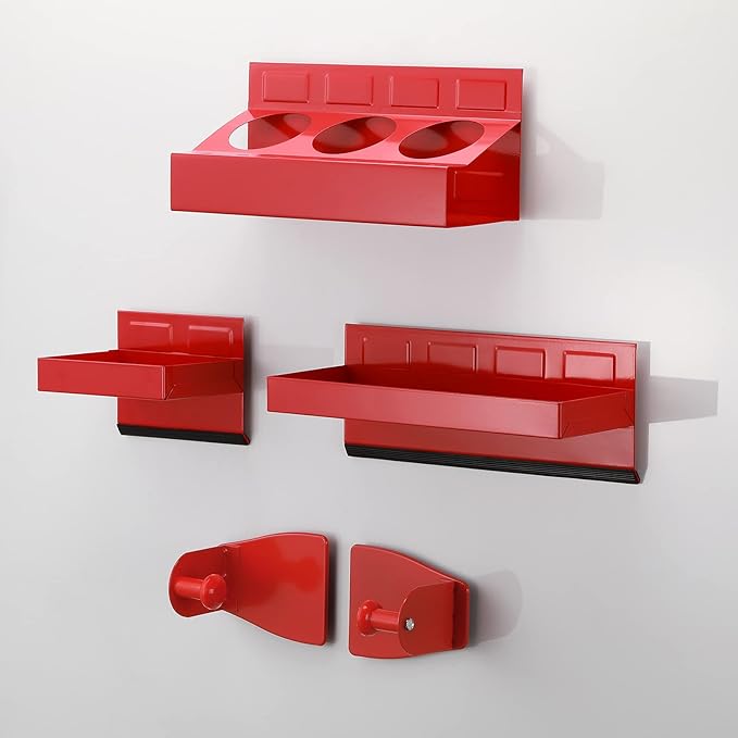 EMENTOL 4PCS Magnetic Tool Shelf Set, Tray, Paper Towel Holder, for Tool Organizer, Magnets Any Metal Surface, Red