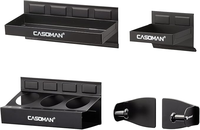 CASOMAN Magnetic Toolbox Shelf, Tray, Paper Towel Holder, 4-Piece Set, Black, Variety of Use, Durable, Magnets Any Metal Surface