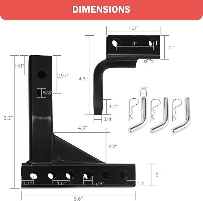OPENROAD Adjustable Trailer Hitch Ball Mount, Fits 2-Inch Receiver, 1-Inch Hole, 7500lbs, 9-1/2" Drop/ 8-1/4" Rise Drop Hitch, Tow Hitch for Heavy Duty Truck with Secure Screw-in Pin & R-Clip