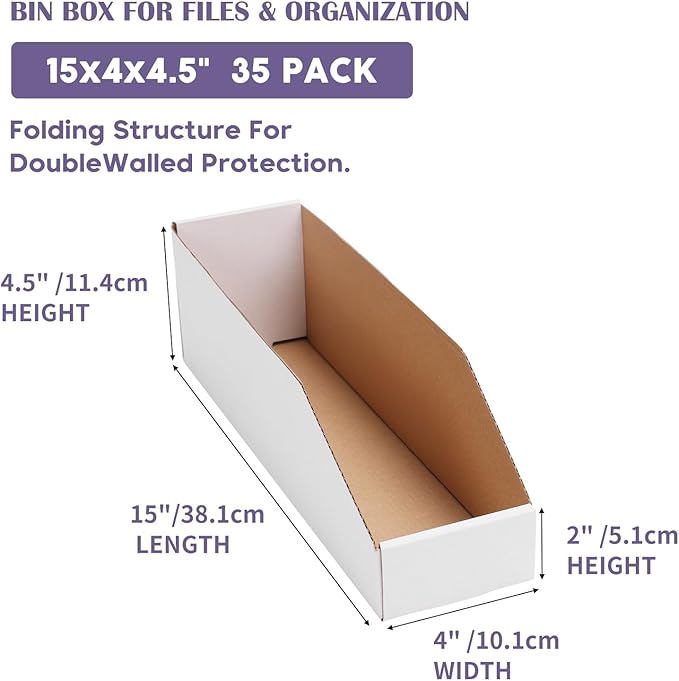 EXYGLO Cardboard Storage Bins 35 Pack, 15x4x4.5 Inch Cardboard Boxes, Corrugated Organizer Bins for Pantry, Shelves, Garage, Office, Shop, White
