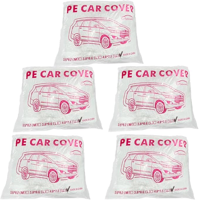 LuliKa 5 Packs Disposable Car Cover Clear Plastic Car Cover Universal Rain Dust Garage Cover with Elastic Band Large (15.7FT x 24.6FT)…