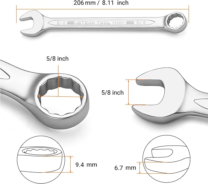 Jetech 5/8 Inch Combination Wrench - Industrial Grade Spanners with 12-Point Design, 15-Degree Offset, Made with Durable Chrome Vanadium Steel in Sand Blasted Finish, Forged, Heat-Treated, SAE
