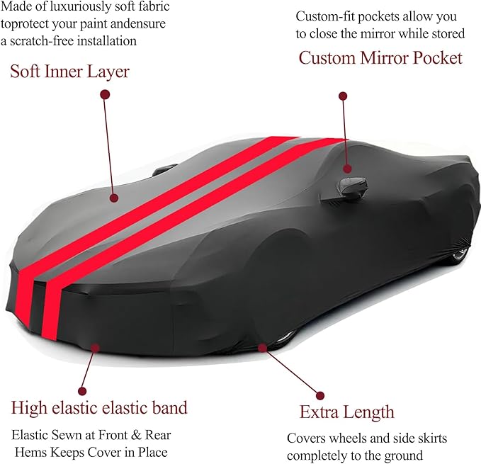 Indoor Car Cover Compatible with 1997–2004 C5 Corvette Custom-fit Breathable Dust-Proof Stretch Car Cover for Underground Garage, Car Show（Black+Red）