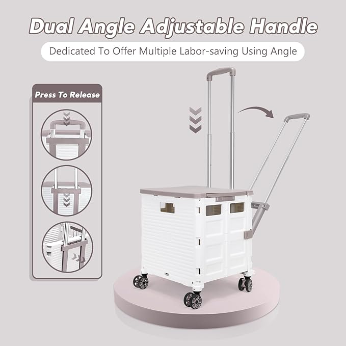 SELORSS Foldable Utility Cart Rolling Crate Handcart Shopping Cart with Rotate Wheels Extended Magnetic Lid Telescoping Handle Adjustable Angle for Transports Groceries Office Teacher File(White)