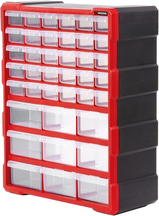 INTERTOOL Small Parts Organizer for Hardware & Screws | 39 Removable Bins with Dividers | Wall Mount or Desktop Craft & Lego Storage Cabinet | 19” x 15” x 7” BX08-4013