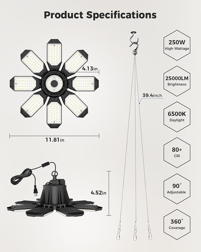 Garage Light Plug in (Built-in Outlet), 25000LM Linkable LED Shop Light w/ 9.84ft Power Cord and Switch, 6500K Hanging Work Light for Garage, Workshop, Utility Room (1 Pack)