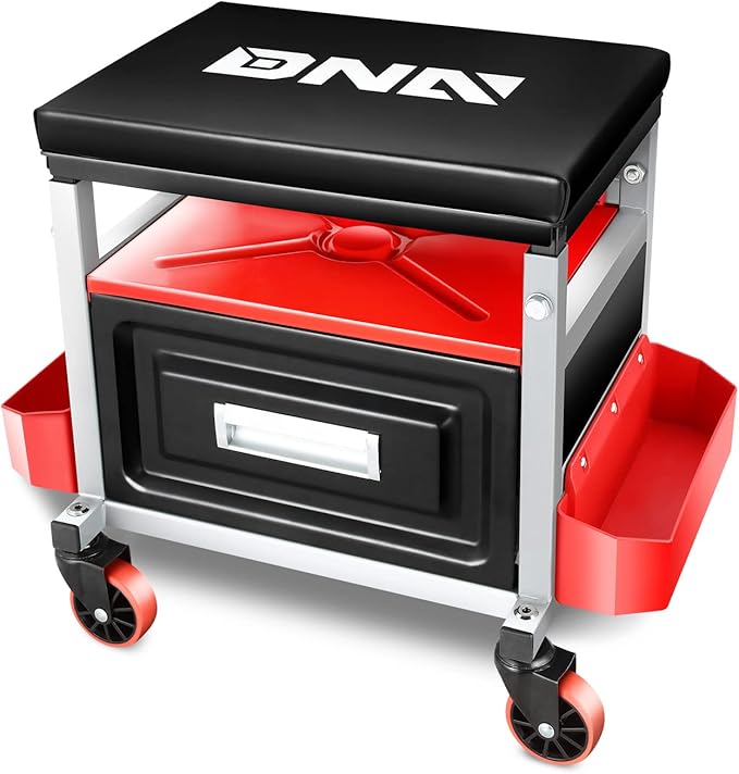 DNA Motoring TOOLS-00198 Adjustable Height Mechanics Roller Seat Creeper Stool With Padded Cushion, Tool Storage Drawer & Tray, 350 Lbs Max Weight Capacity