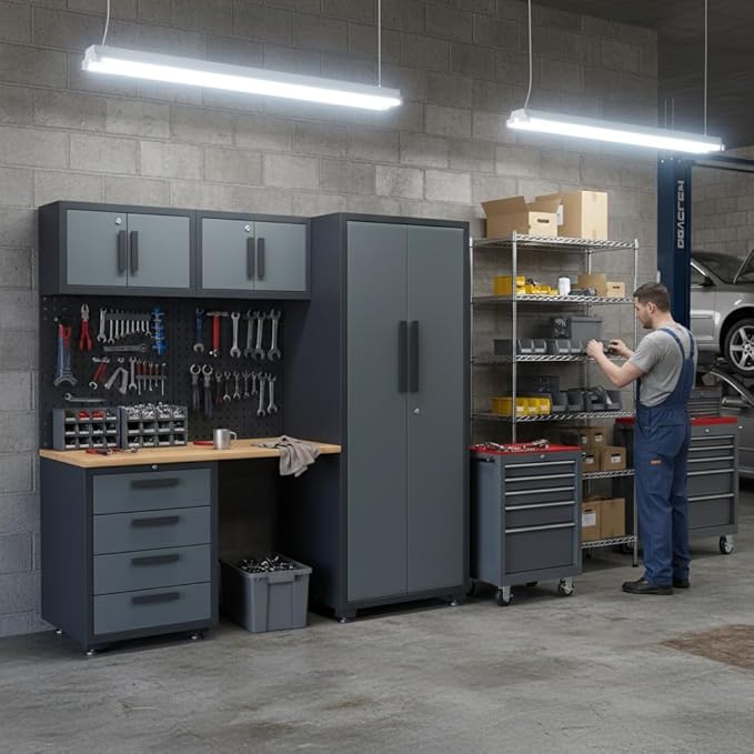 Garage Storage Cabinet System, 7PCK Workshop Set Garage Cabinets and Storage System with Steel Cabinet Drawers, Workbench, Pegboard for Tool Organization