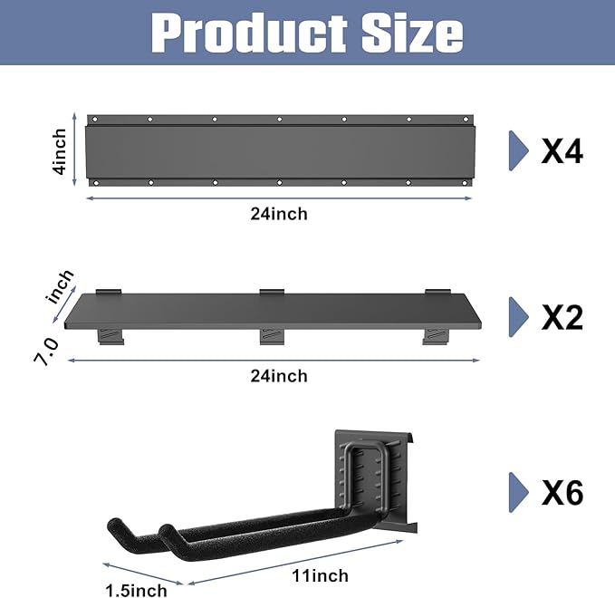 WALMANN Wall Mounted Garden Tool Rack with Shelves for Garage, Heavy Duty Folding Chair Hangers, 11-Inch Tool Storage Hooks for Shovels, Rakes, Ladders(Tool Rack with Shelf)