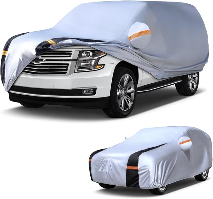 Large SUV Car Cover for Chevrolet Tahoe 100% Waterproof All Weather, Heavy Duty Outdoor Full Exterior Covers Rain Sun Wind UV Hail Protection.