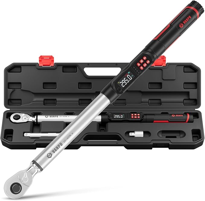 VANPO 1/2-Inch Digital Torque Wrench,14.7-295.0 ft-lbs/20-400 Nm, ±2% Accuracy, Electronic Torque Wrench with LCD Display, Audible & Vibration Alert, Easy Battery Access, for Heavy-Duty Truck Repair