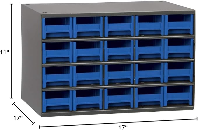 Akro-Mils Steel Garage Storage Cabinet, Small Parts Organizer Metal Cabinet for Hardware, Nails, Screws, Bolts, Nuts, and More, 17" W x 11" D x 11" H, 20-Drawer, Gray Cabinet/Blue Drawers (19320)