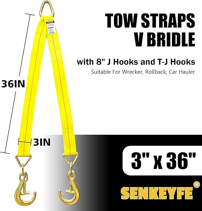 Tow Straps V Bridle, 3" x 36" Recovery V-Strap with 8" J Hooks and T-J Hooks, 5400LBS J Hook and Mini Datsun Recovery Bridle, Recovery Tow Car Strap Hook for Wrecker, Rollback, Car Haul