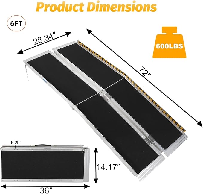 6 FT Portable Wheelchair Ramp for Home Step, Aluminum Handicap Ramp with Non-Skid Surface and Reflective Strips,Weight Capacity 600 LBS