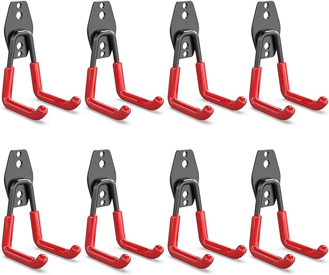 3-H Garage Wall Hooks Heavy Duty 8 Pack, Anti-Slip Steel Wall Mount Storage Hooks for Hanging Ladder Garden Yard Tools, Utility Organizer for Garage Lawn Shed(Red)