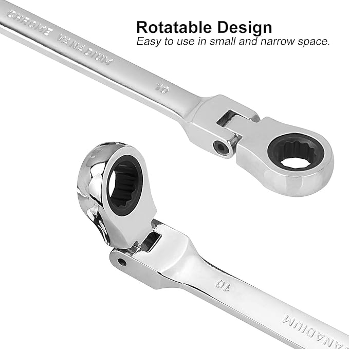 Flexible Head Ratcheting Wrench, 3 PCS 10 mm Ratcheting Box Wrench Set with 5° Movement and 72 Teeth for Projects with Tight Space