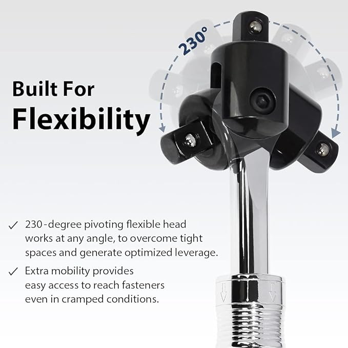 FIRSTINFO F32242D 1/2-Inch Drive Premium Breaker Bar with Ratchet Adapter, 24-1/2 Inch Length Extended Leverage, 230 Degrees Flexible Head