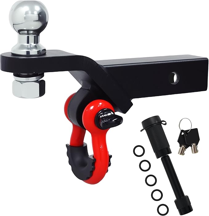 Trailer Hitch Ball Mount Features D Ring Shackle Compatible with 2" Hitch Receiver, 2" Ball Hitch and 3/4" Red Shackle Combo Suitable for Pickup Trucks, Suvs, Sedans, and Other Vehicles (with Lock)
