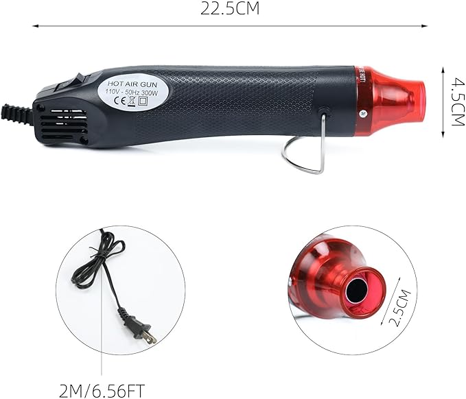 Heat Gun, 110V 300W Handed Hot Air Gun for Crafting, 3.28FT Ultra-Long Cable Portable Heat Gun with Stand and Power Cord for Shrinking Wrapping PVC, DIY Embossing and Drying Paint (Black)