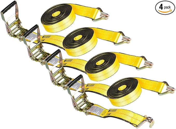 Mytee Products Ratchet Tie-Down Straps with Wire Hook, 2" x 30' Yellow Ratchet Strap | 10,000 Lbs Breaking Strength | Heavy Duty TieDown Ratchet Straps for Flatbed, Truck, Trailers Pickup (4 Pack)