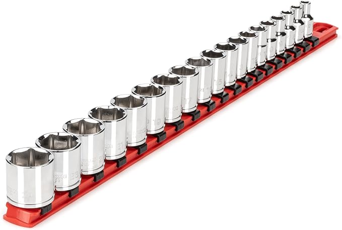 TEKTON 3/8 Inch Drive Shallow 6-Point Socket Set with Rail, 19-Piece (6 - 24 mm) | SHD91110