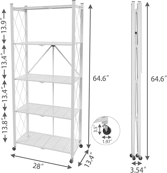 5 Tier Folding Shelf with Wheels,Metal Steel Collapsible Shelves,No Assembly Portable Shelves Organizer Rack,Rolling Standing Utility Rack for Kitchen, Pantry, Office, White