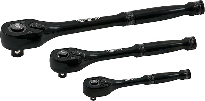 ARES 42143-3-Piece 90 Tooth Ratchet Set - Chrome Vanadium Steel, Black Oxide Finish - Quick Release for Easy Socket Change - Reversible Design - 4 Degree Swing – Automotive Ratchet Set