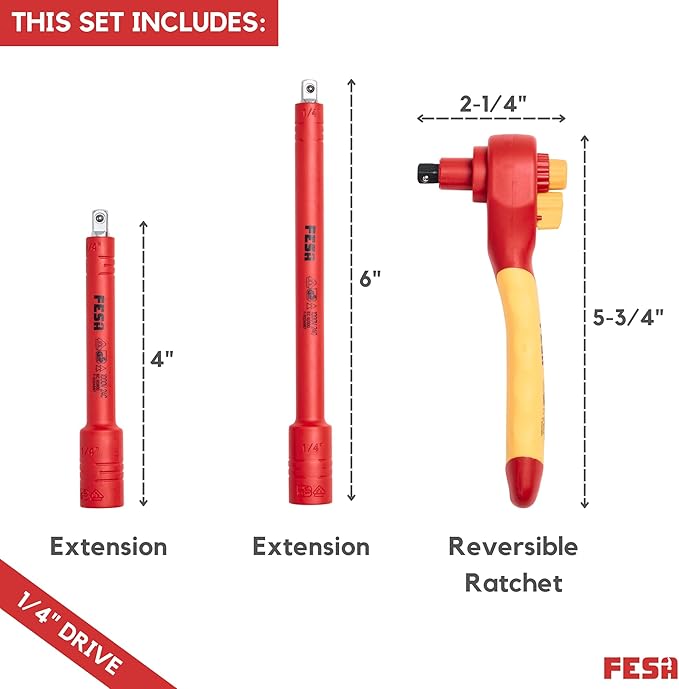 FESA Electrician Insulated Socket Set - 1000V 20-Piece Professional Insulated Ratchet & Socket Wrench Set (1/4" Drive) w/ 2 Extensions & 5 Hex Bits - 1000 Volt Tools for Electricians