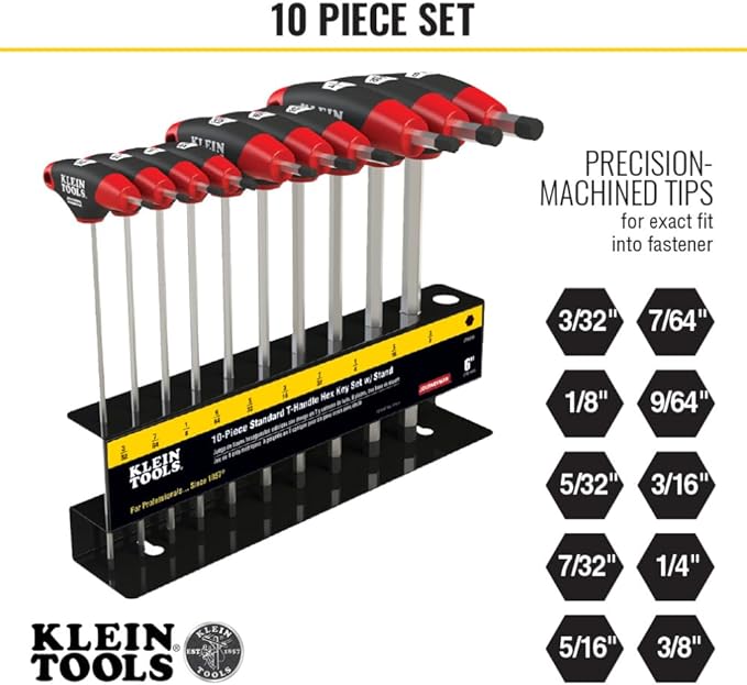 KLEIN TOOLS JTH610E T-Handle Hex Key Set, SAE Inch Sizes Allen Wrench Set with 6-Inch Blades, Stand Included, 10-Piece