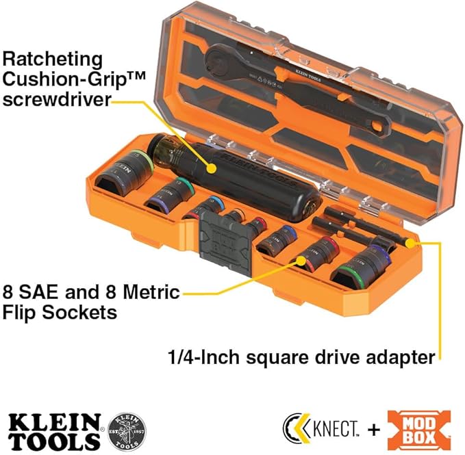 Klein Tools 65242 KNECT Impact Socket Set, Ratcheting Screwdriver Set, 1/4-Inch Drive, 4 SAE and 4 Metric Flip Sockets, 16 Hex Sizes, Adapters, MODbox Case