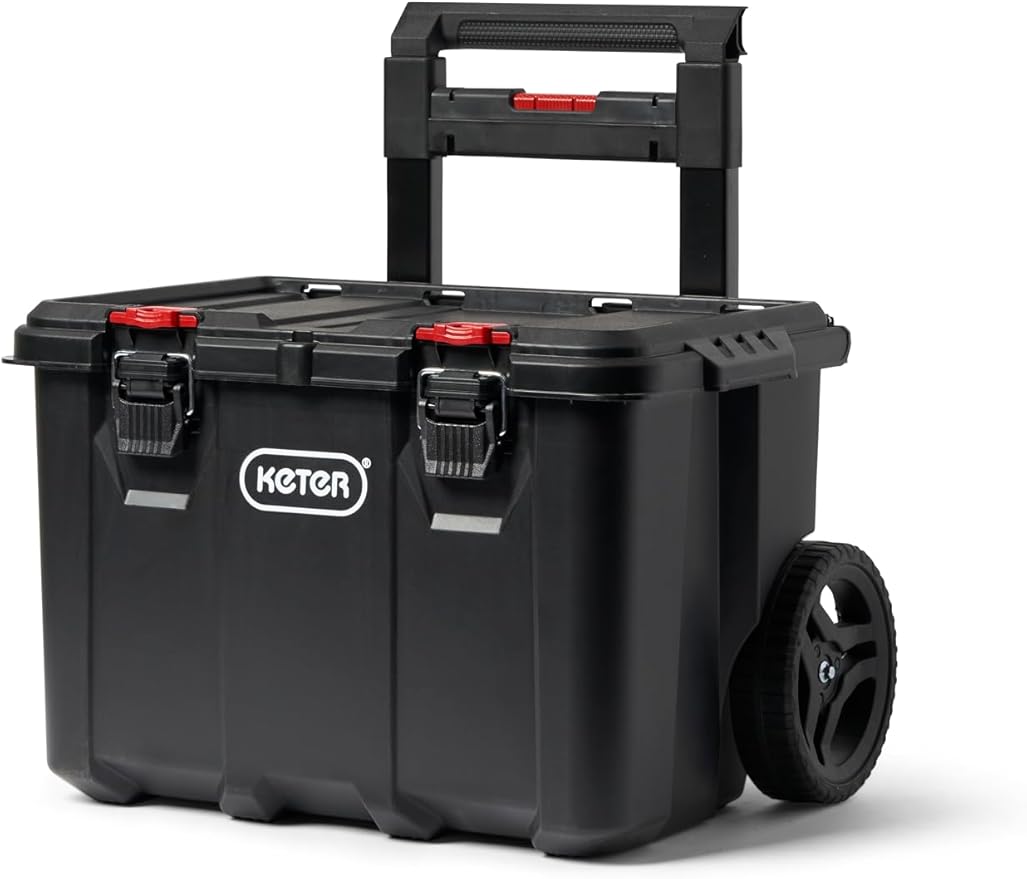 Keter Stack-n-Roll Modular Tools Organizer for Garage Storage and DIY, 3 Piece Resin Rolling Tool Box System for Small Parts, Black