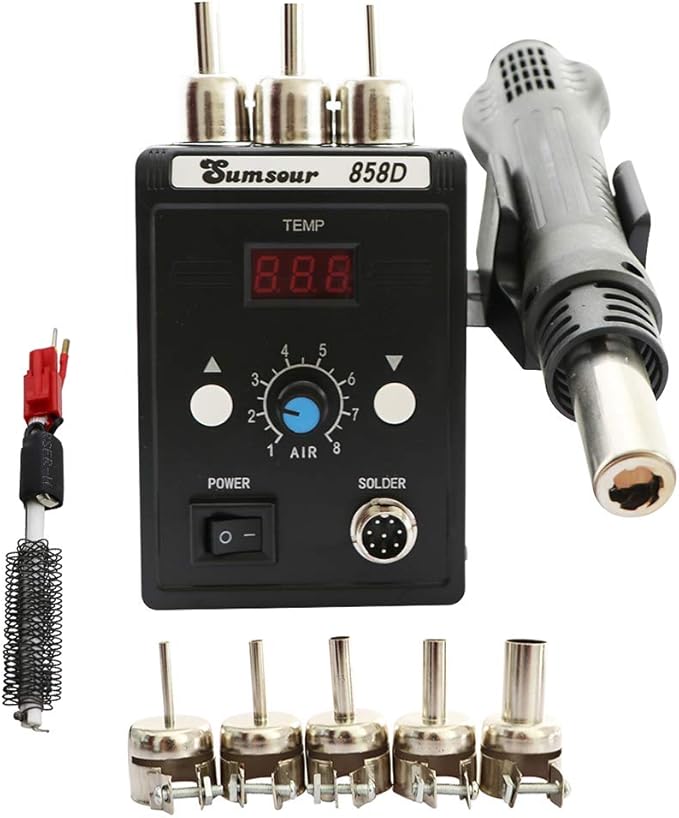 Hot Air Heat Soldering Gun 858D 700W 110V BGA Rework Solder Desoldering Station For SMD Welding Repair Tools Kit (Black 858D SET-3)