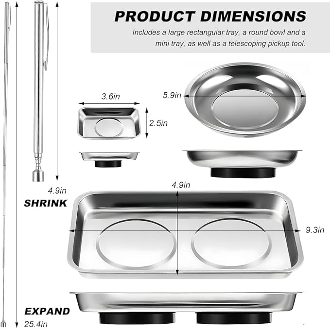 4PCS Magnetic Tray Set with Magnet Stick, Round Rectangular Tray Metal Parts Holder w/Telescoping Pickup Tool, Automotive Stainless Steel Thickened Trays for Screws, Nuts, Bolts