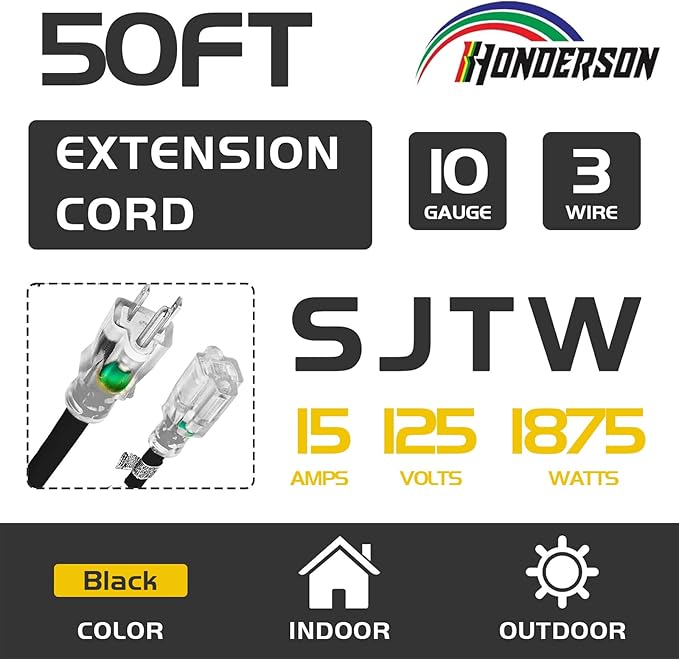 Indoor Outdoor Extension Cord Weatherproof with Lighted End, UL Certified, 10 Gauge 50FT Black 3 Prong Heavy Duty, 10/3 SJTW 15A Power Cord for Outdoor Lights, Lawn